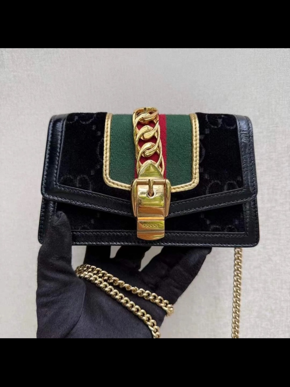Gucci Black Velvet Crossbody with Green-Red Web and Gold Chain